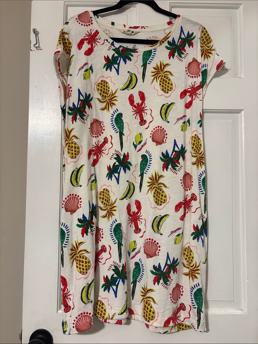Boden White Tropical Print Shift Dress with Red, Green, Yellow Accents